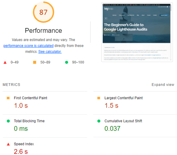 the analyze function will give you a detailed light house report on your pages speed