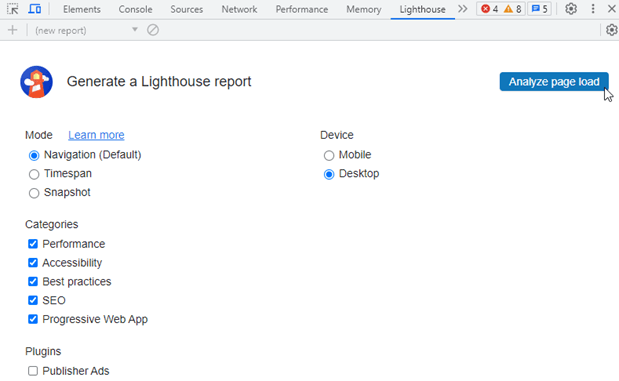 click the analyze button to start your light house audit tool