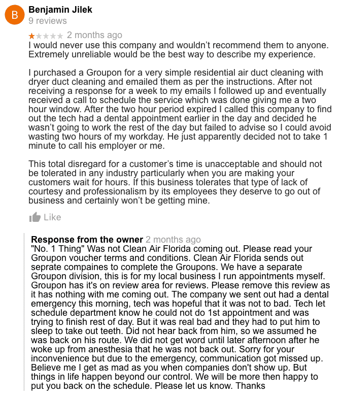 Negative review for HVAC company on Google listing including owner's response and what to not do 