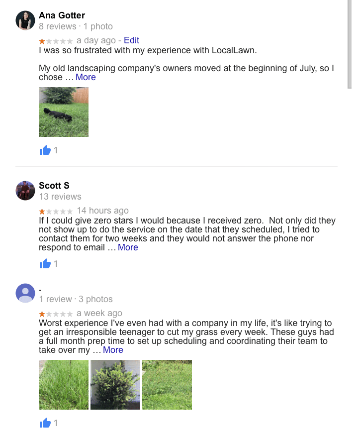 screenshot of multiple negative reviews for lawn service company that were not responded to by the owner