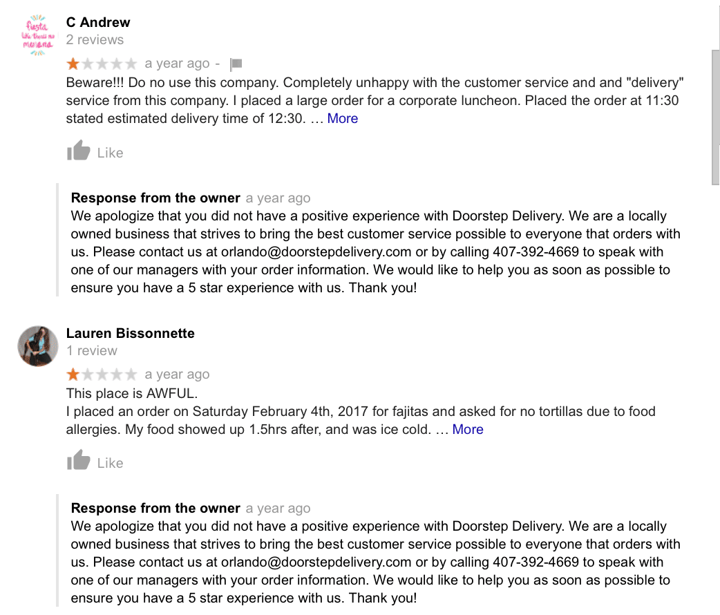 negative reviews on Google business listing to which the company provided canned responses