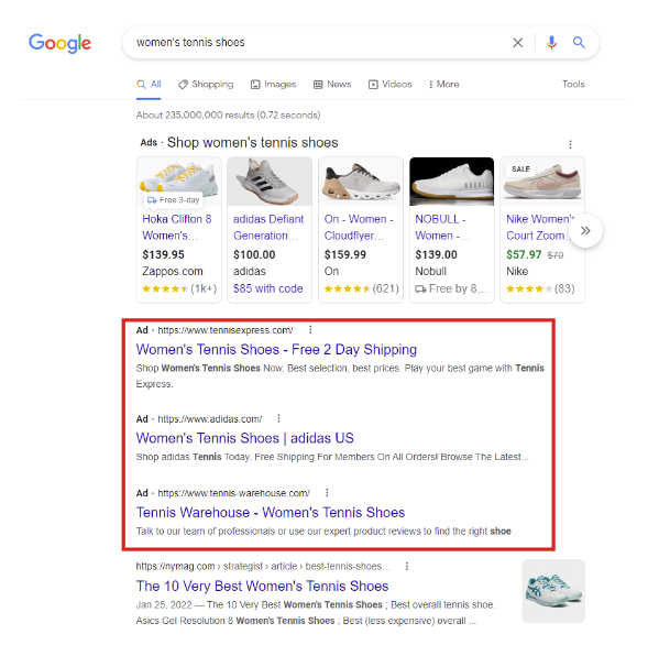 Google search for Women's tennis shoes. A red box highlights the top three Ad results