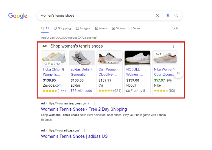 A red box emphasizes the top Ads with images for shopping women's tennis shoes