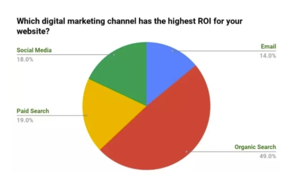 Pie chart that shoes "Which digital marketing channel has the highest ROI for your website?" Organic search shows 49%