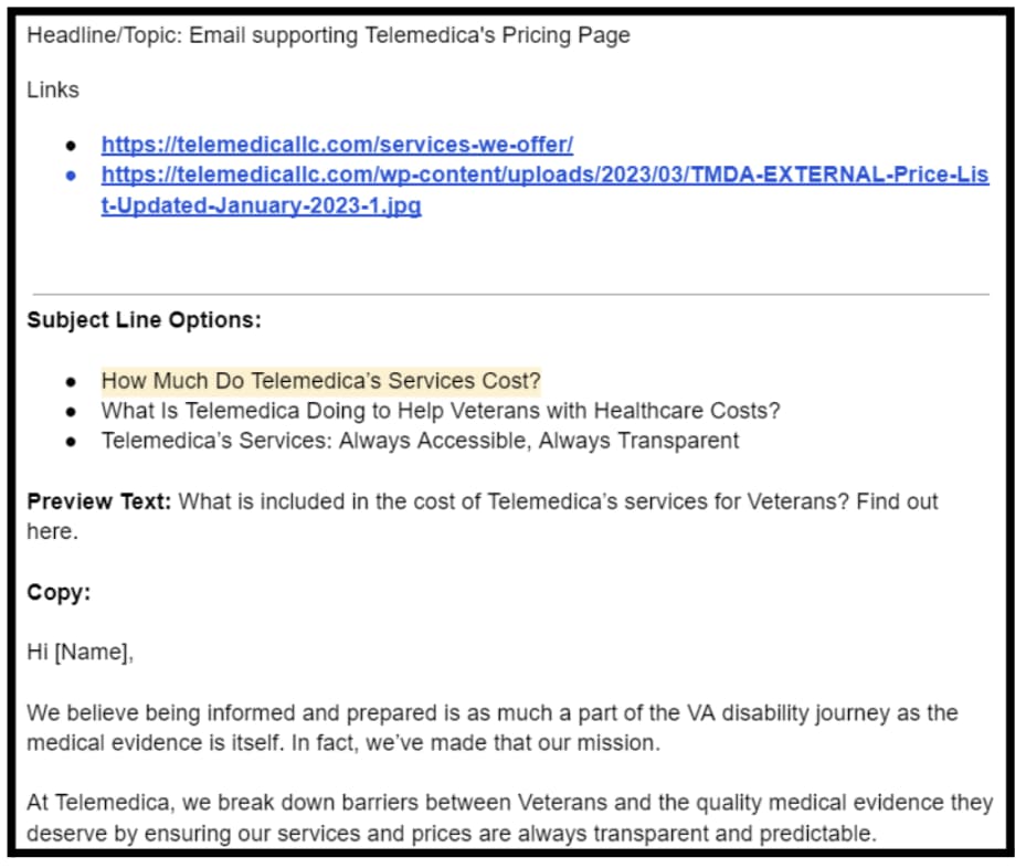 Example of email strategy, copy, and implementation for the company Telemedica